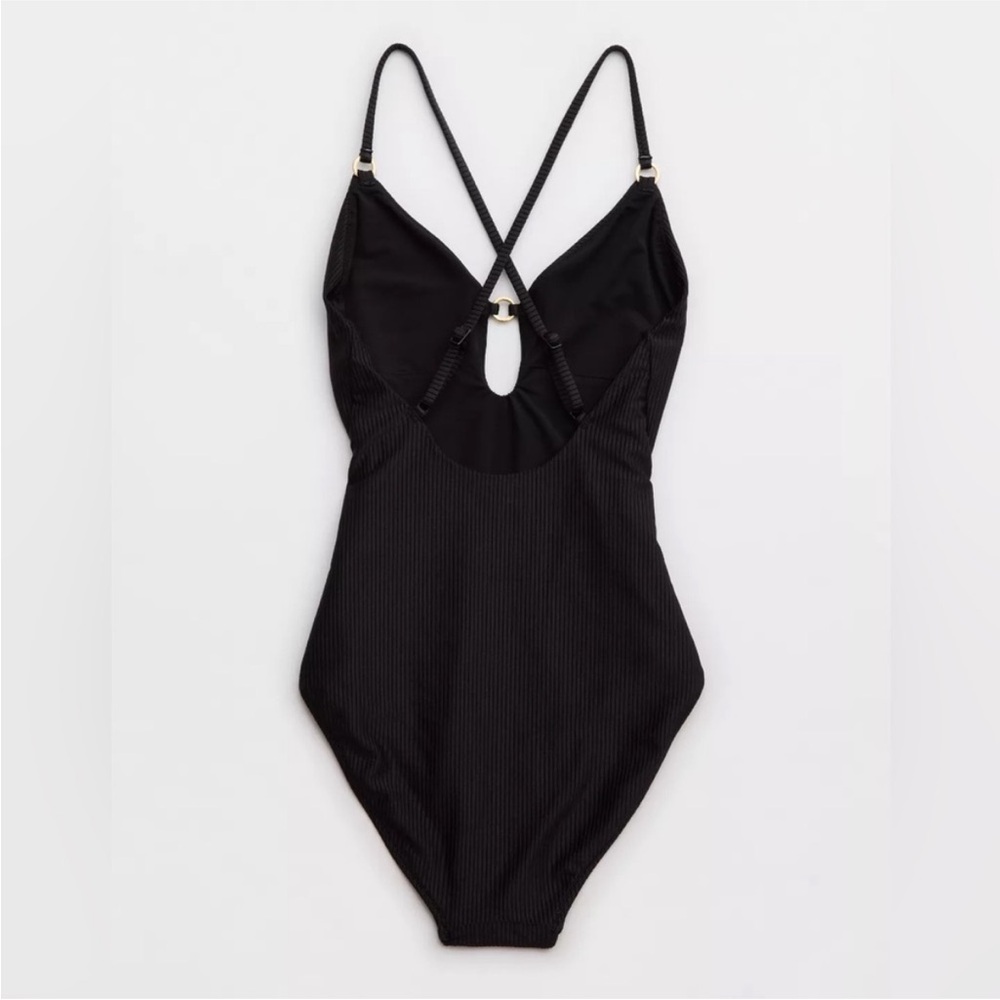 Aerie Shine Rib Full Coverage Black One Piece Swimsuit Women’s Size M NWT - Picture 4 of 16